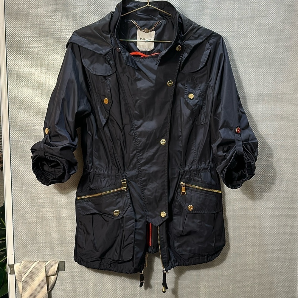 Bebe Blue 100% polyester jacket Gols Accents, 3/4 Sleeve size S